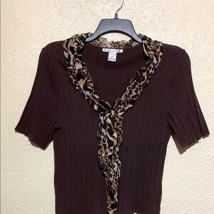 Peter Nygard Sweater Brown Knit Top Petite L Ruffle Detail Short Sleeve Rayon